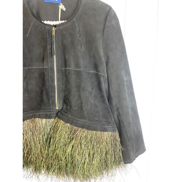 Illia Black Suede Jacket with Ostrich Feather Hem Size 6 NWT - Picture 2 of 8
